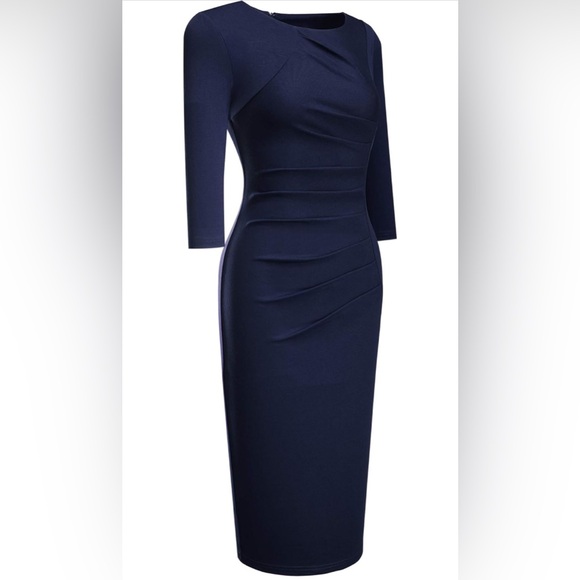 HOMEEYE Navy Blue Ruched Sheath Dress Large 3/4 Sleeve Bodycon Work EXCELLENT - Picture 4 of 13